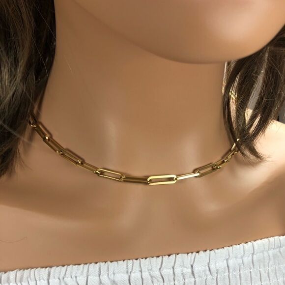 18k gold paperclip chain choker necklace - Picture 1 of 4